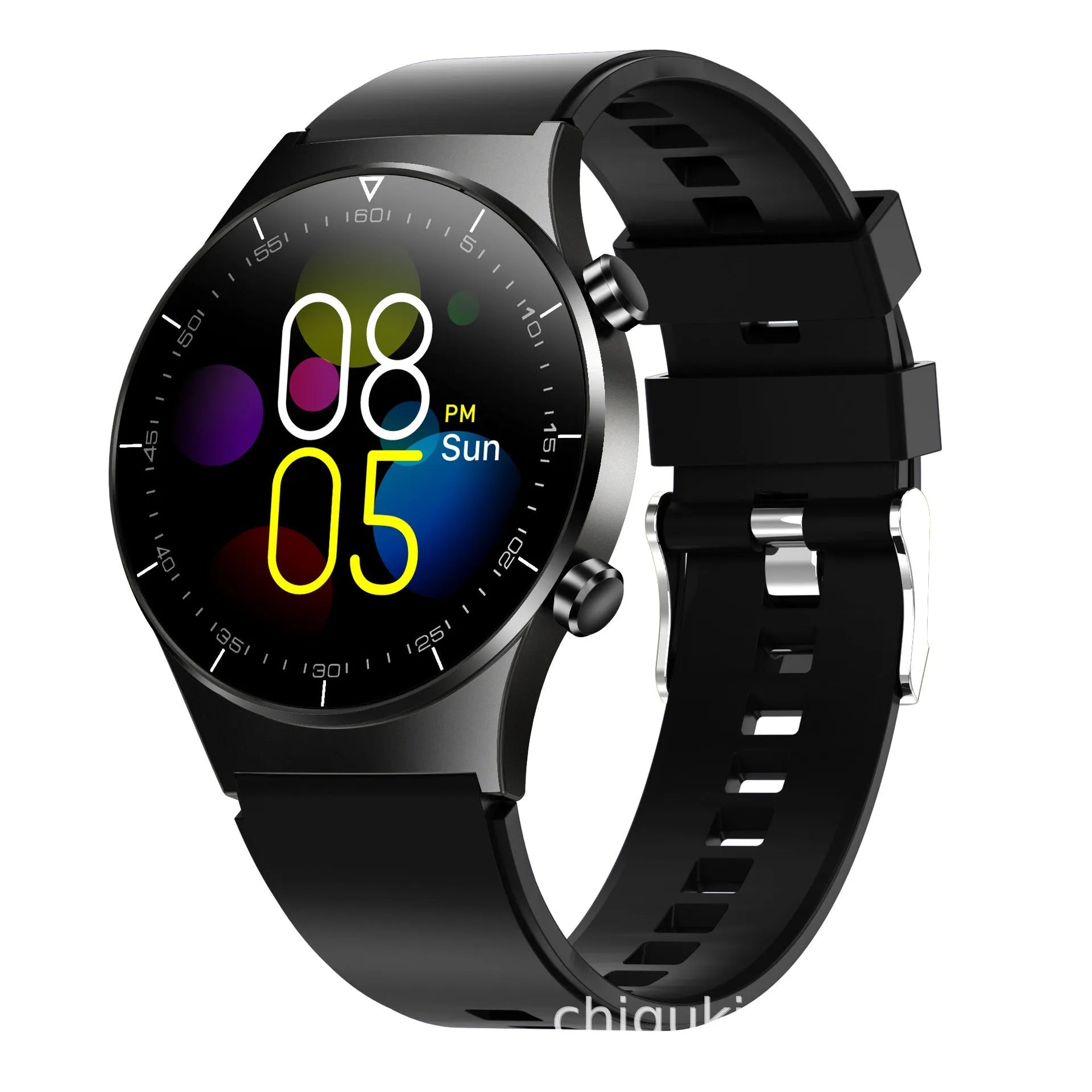 Black smart watch with 1.28-inch touch screen displaying heart rate and fitness data on wrist