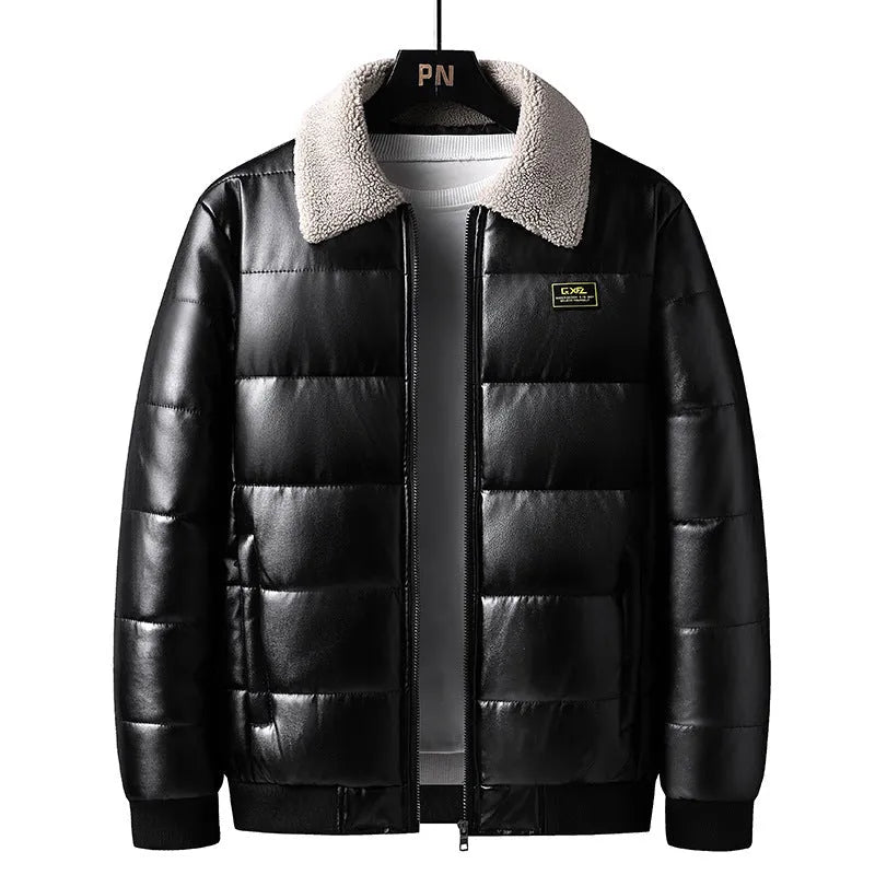 Men's thickened PU leather winter jacket with lapel collar in light blue and black, sizes M to 5XL