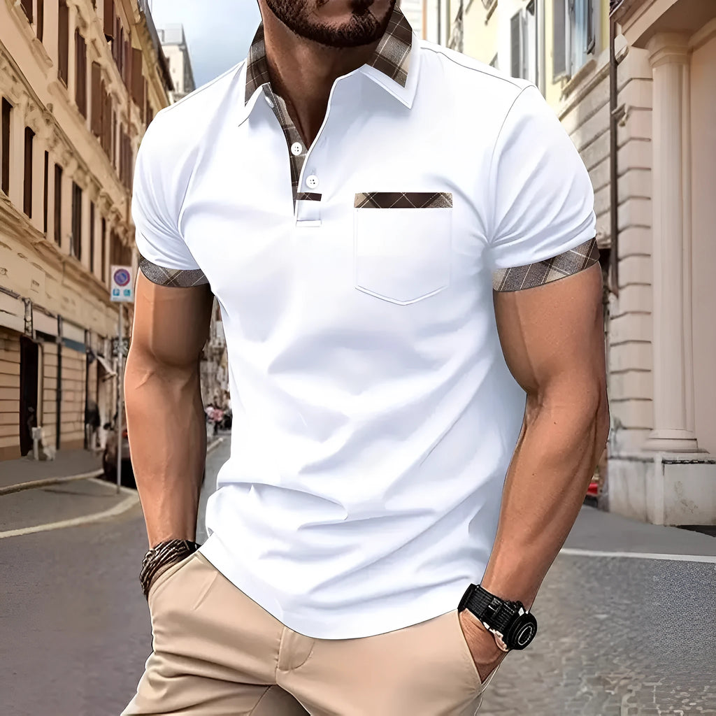 Men's plaid colourblock t-shirt with zipper decorations and short sleeves in loose fit