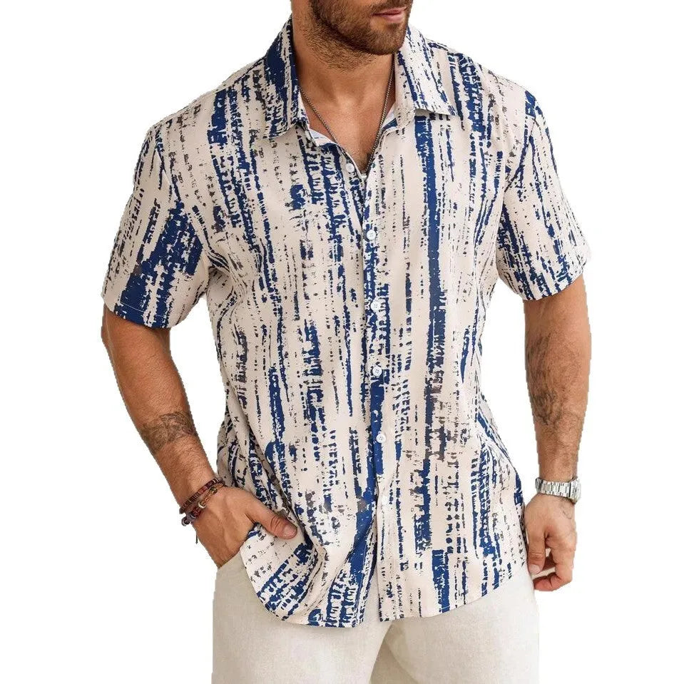 Man wearing a short sleeve striped casual shirt in a blue colour with a 3D printed pattern.