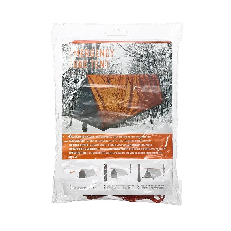 Orange portable disaster relief tent with emergency blanket showing 240cm × 150cm dimensions