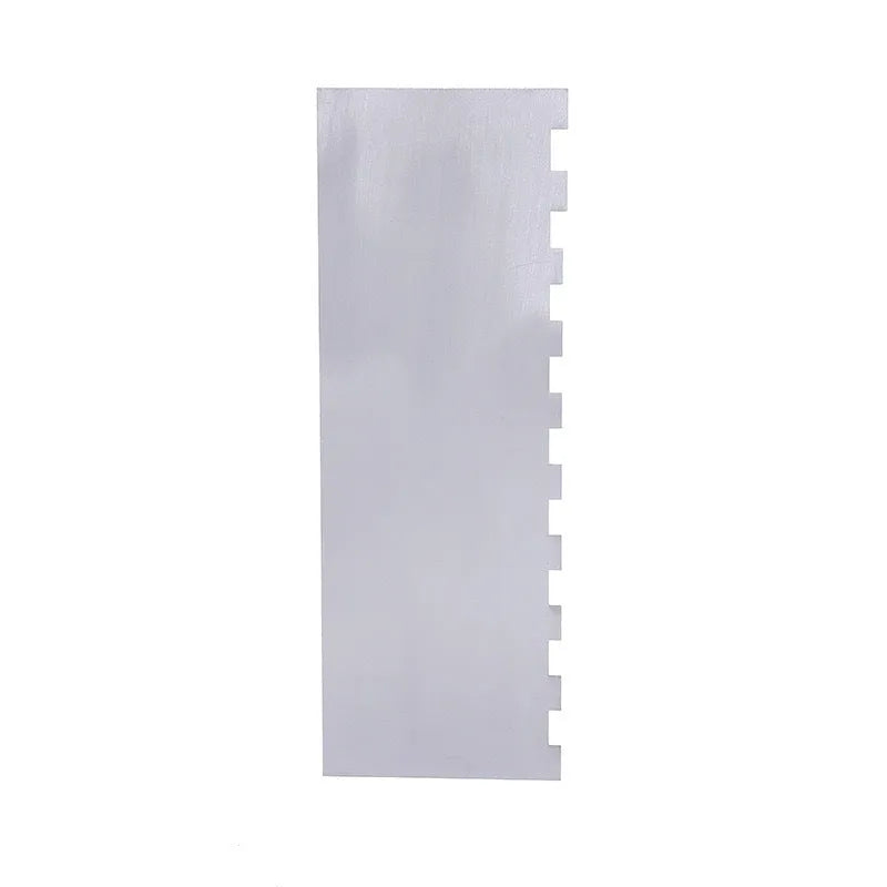 Stainless steel cake decorating scraper showing polygon pattern edge design