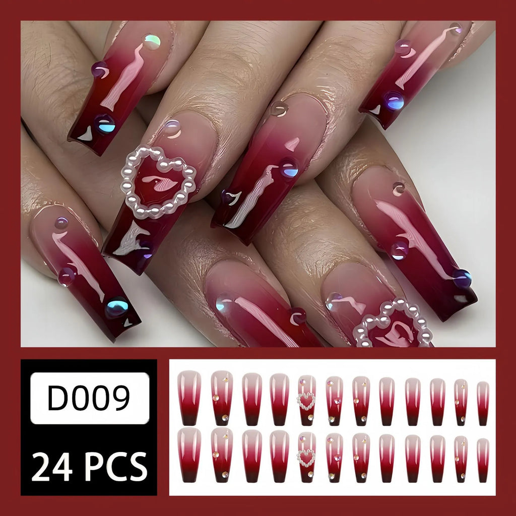 Wine red gradient false nail tips with heart and pearl pattern in long ballet style