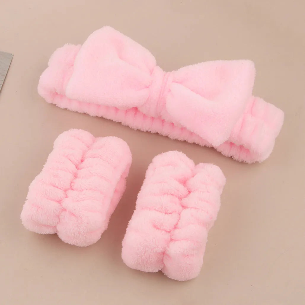 Facial brush set with coral fleece hair band, nylon brush, and face wash mitts in assorted colours