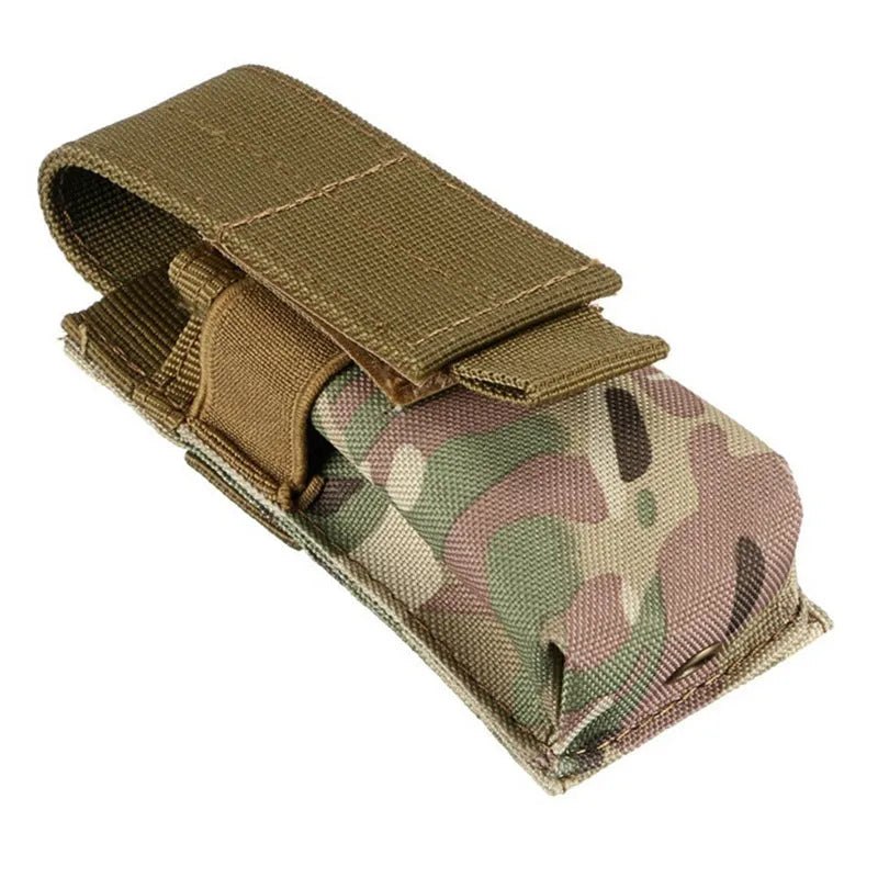Military tactical waist bag with MOLLE webbing and elastic cord closure in 600D nylon.