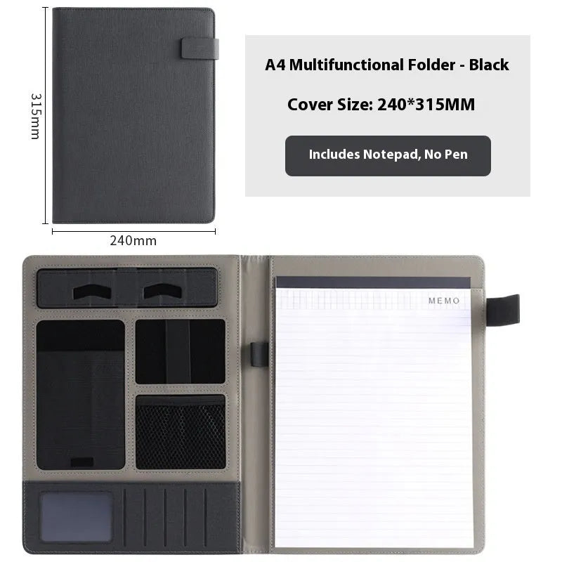 Leather A4 business folder in black colour showing pen holder and notepad configuration