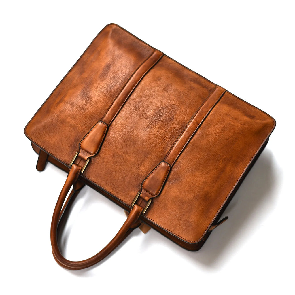 Men's brown leather business handbag with horizontal square design and zipper closure