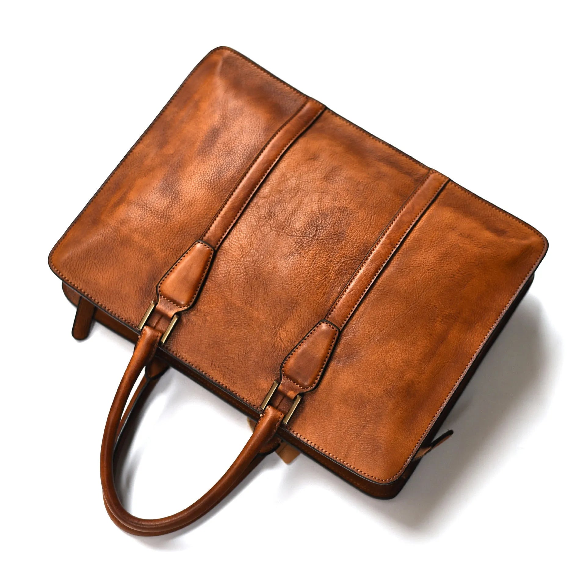 Men's brown leather business handbag with horizontal square design and zipper closure