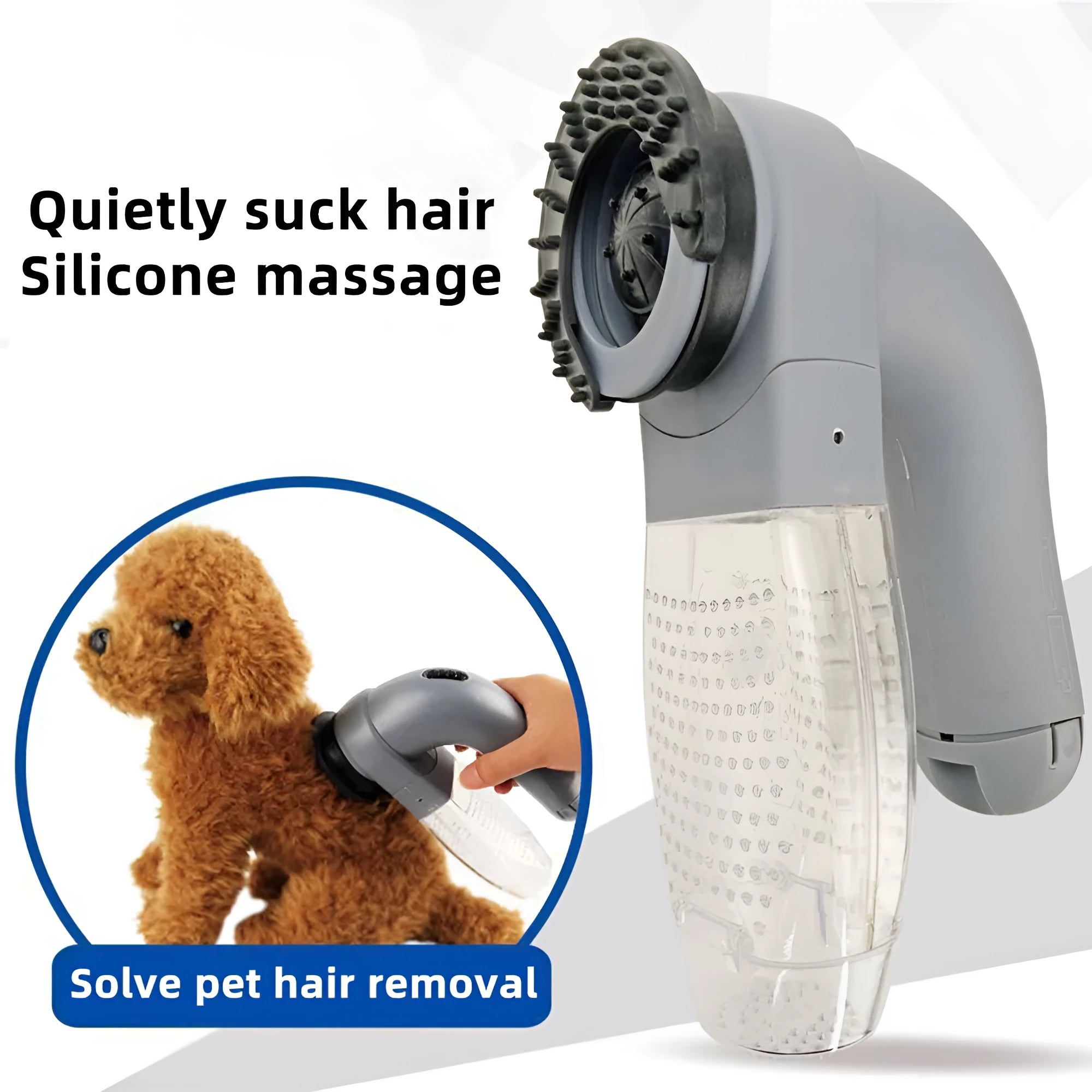 Grey handheld pet hair vacuum cleaner with soft rubber brush head for grooming dogs and cats.
