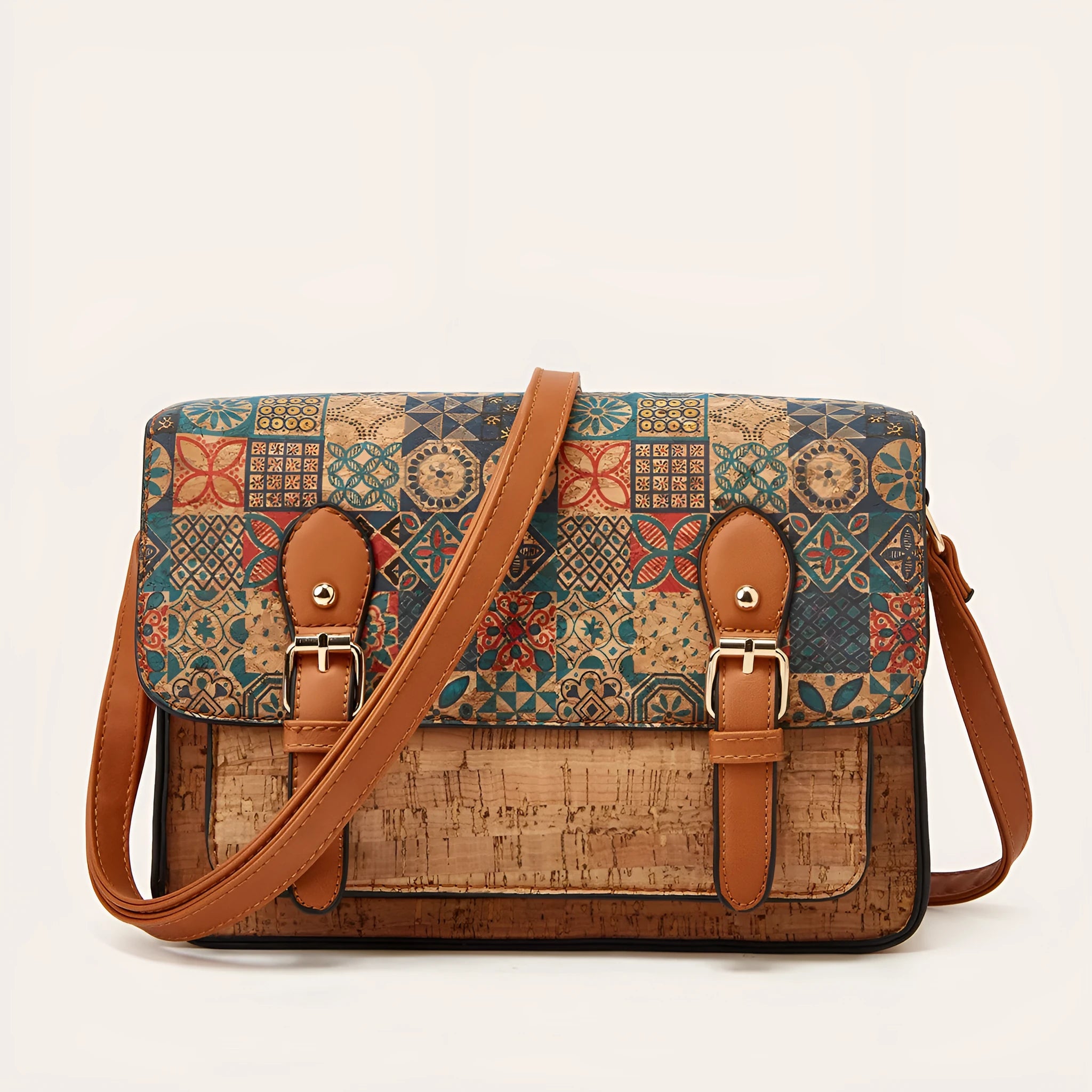 Women's large capacity one-shoulder crossbody bag in PU leather, showing the adjustable strap and one of the four available print designs.