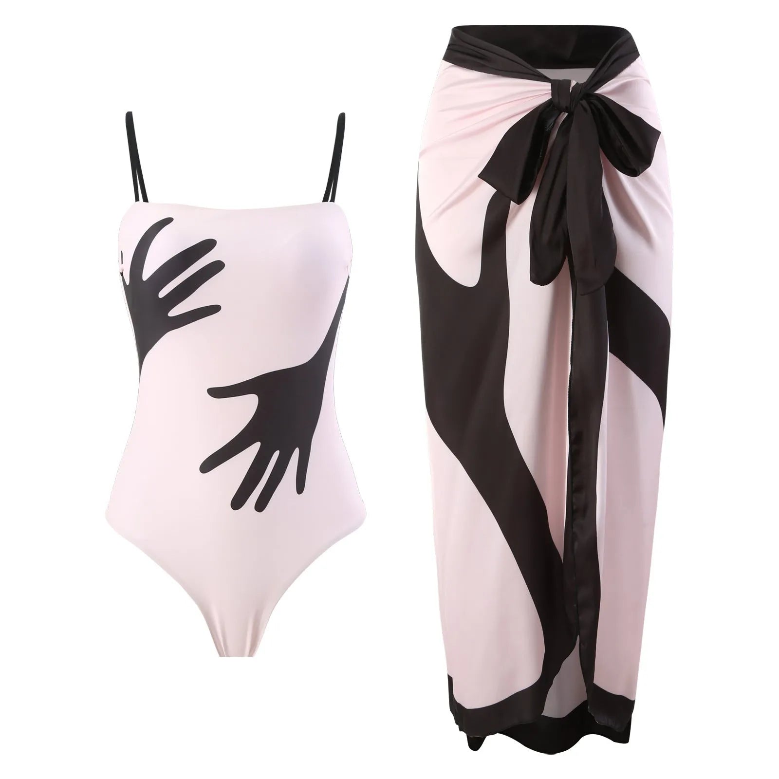 Women's patterned bikini swimsuit with a lightweight white tulle skirt attached.