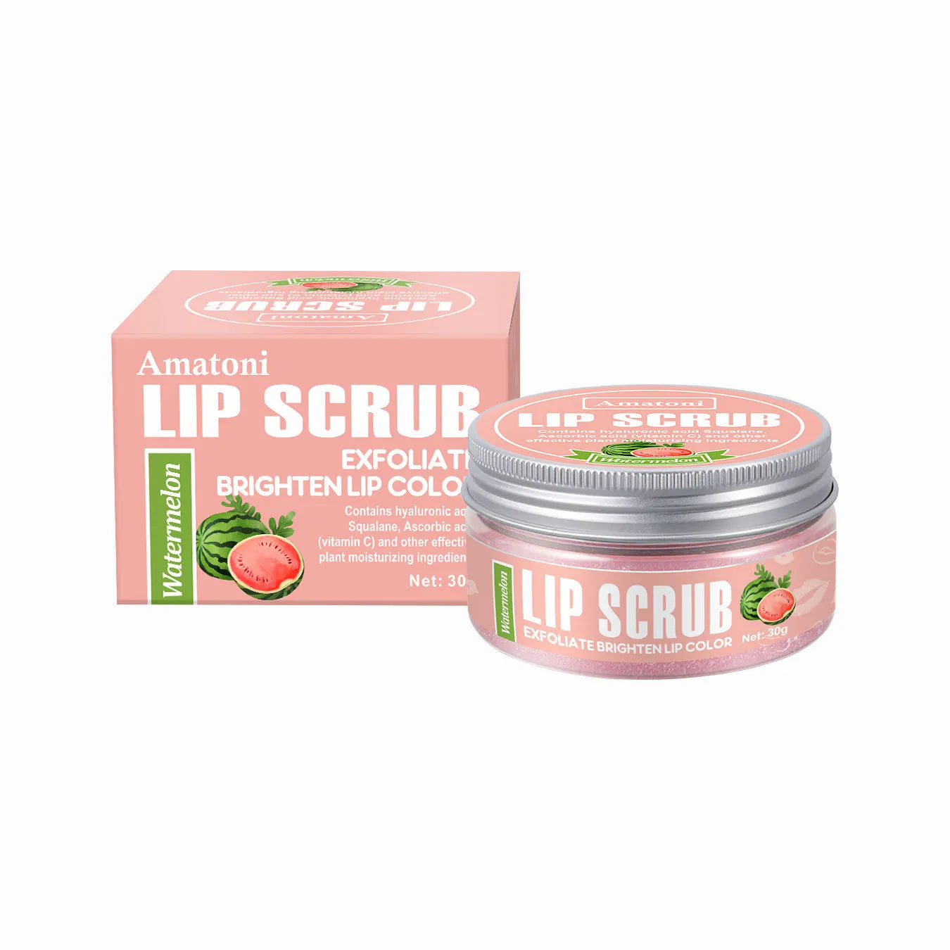 Pot of Amatoni fruit flavour lip scrub cream for exfoliating and moisturising lip care.