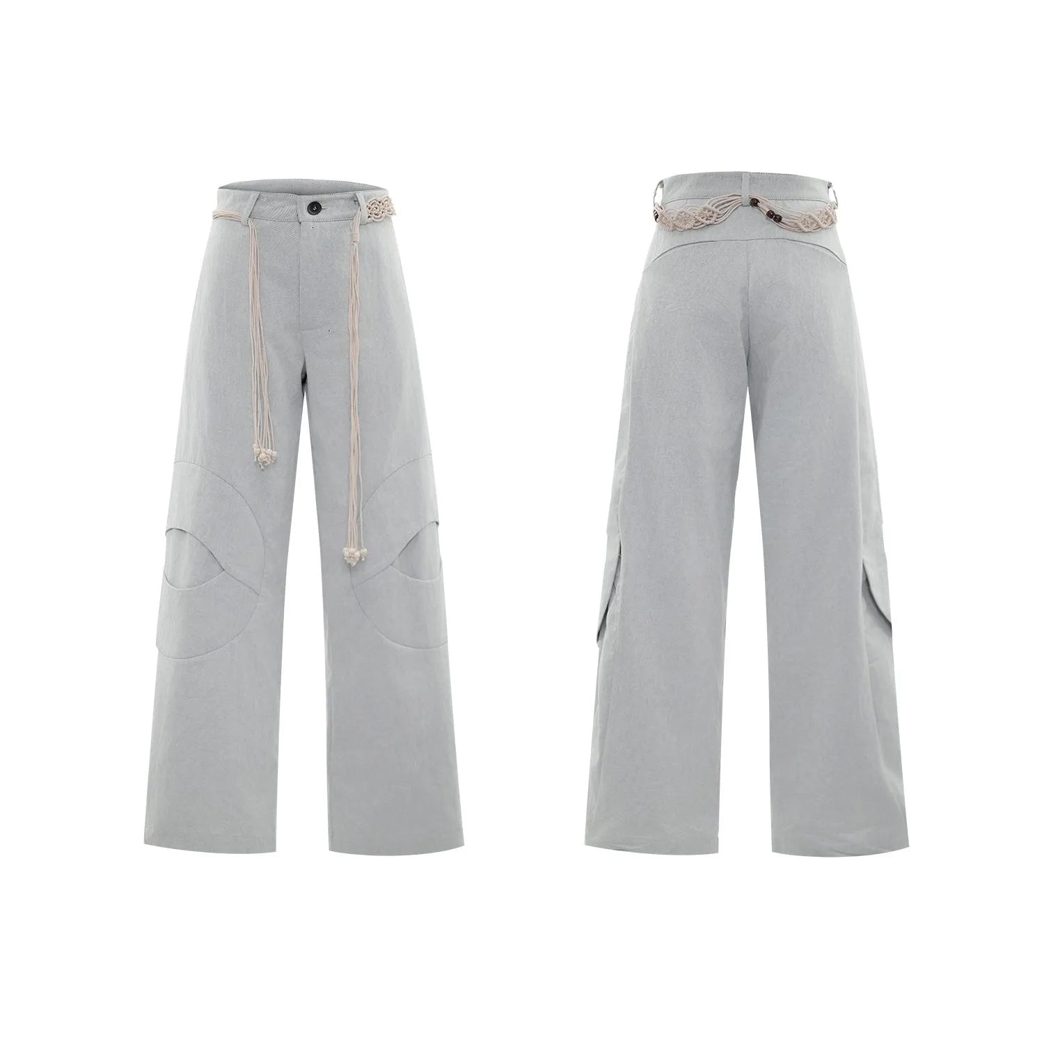 Men's dark blue straight-leg trousers showing heavy 3D cutting, belt stitching, and a front placket zipper.
