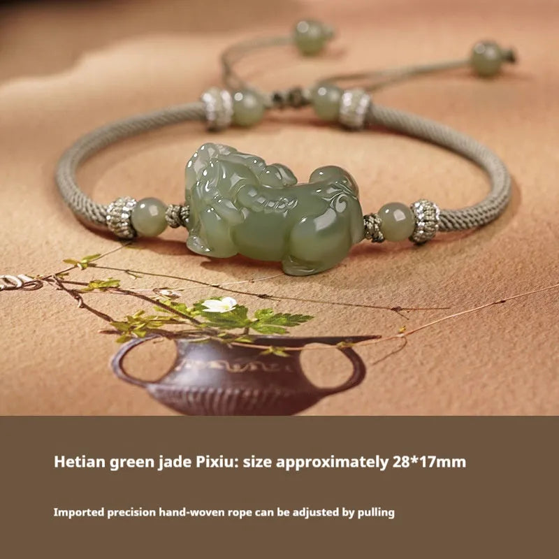 Hetian jade bead bracelet with black and red adjustable braided cord, Chinese style jewellery.