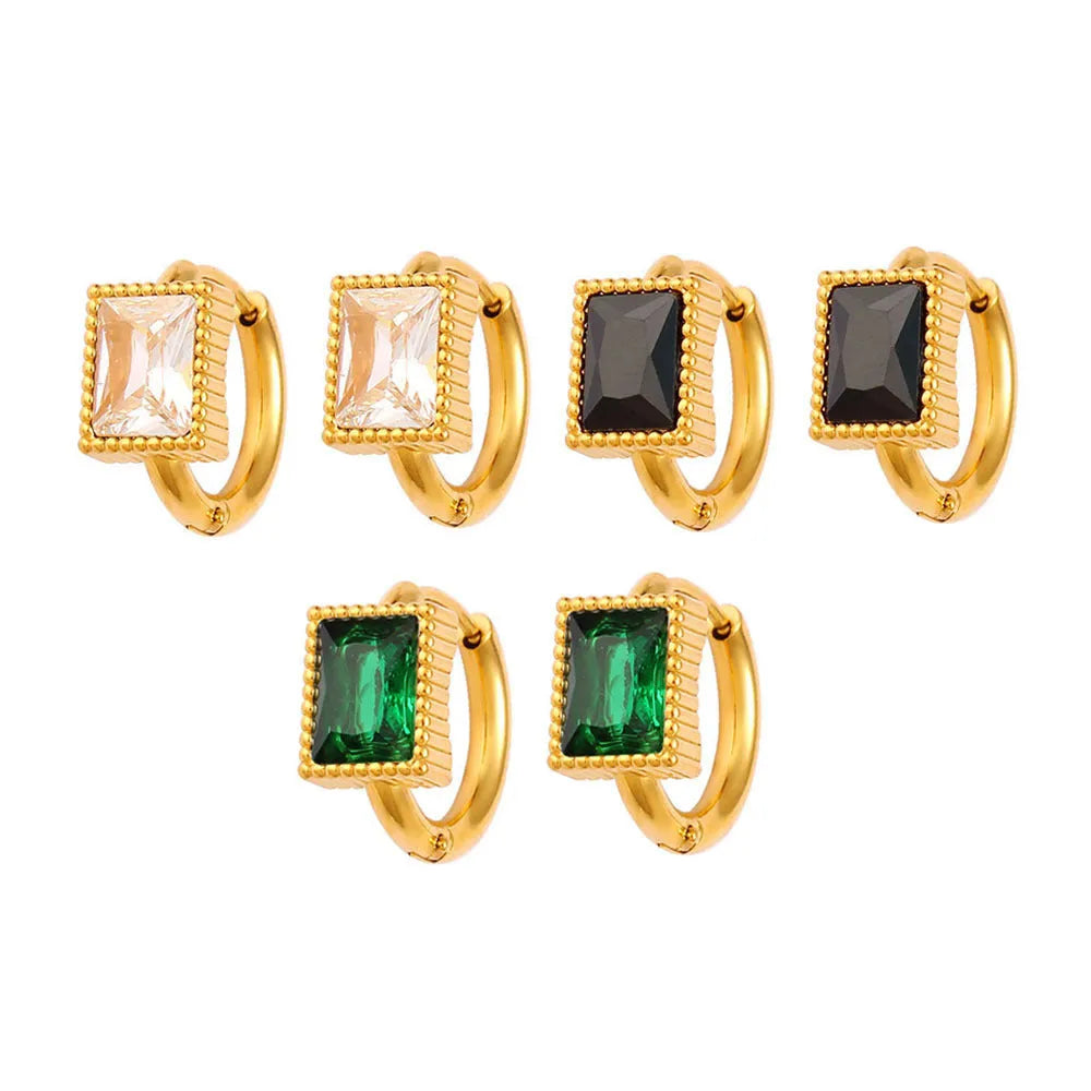 Square zircon stainless steel earrings in geometric design available in white, black, or green colours