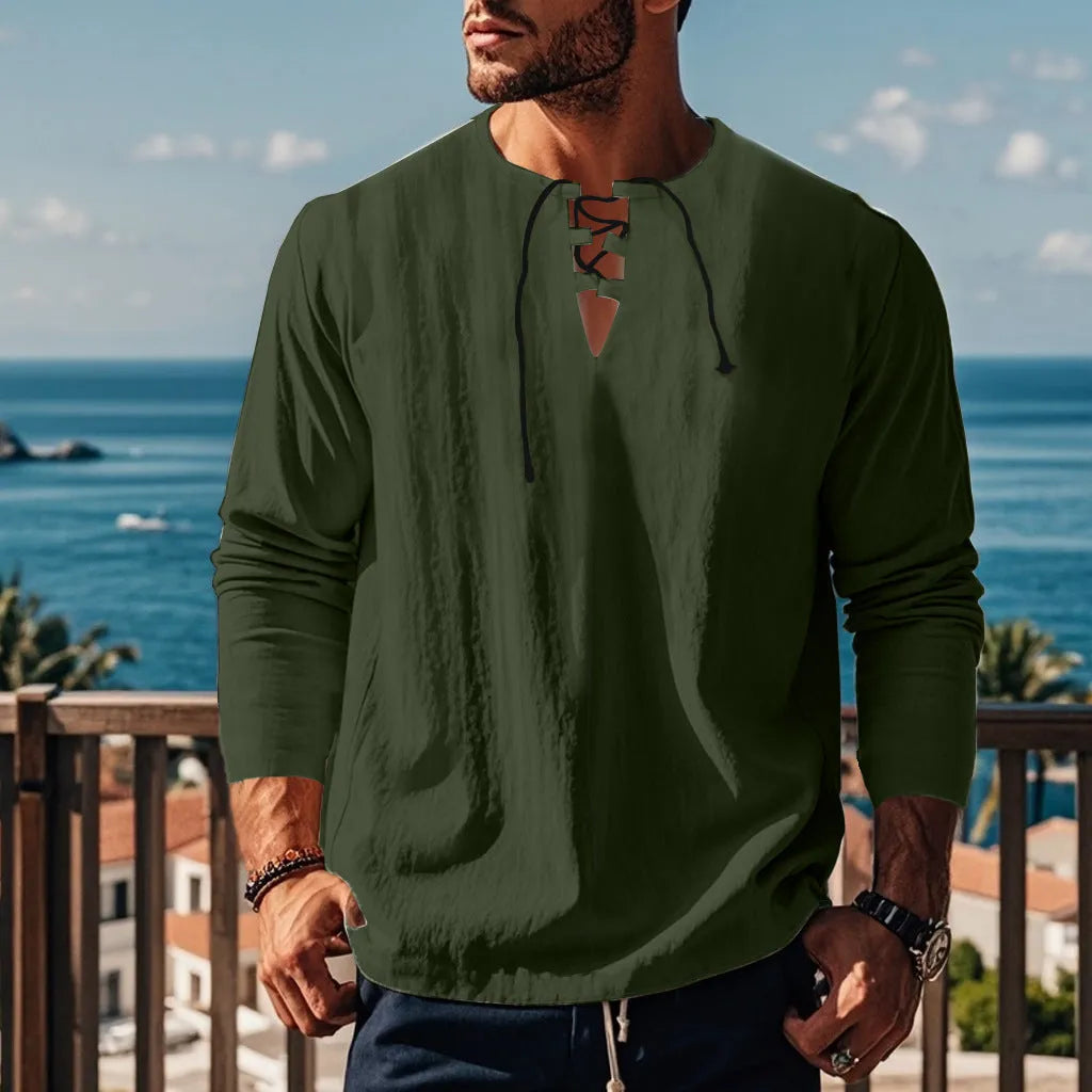 Solid colour cotton linen beach ruff shirt loose pullover style