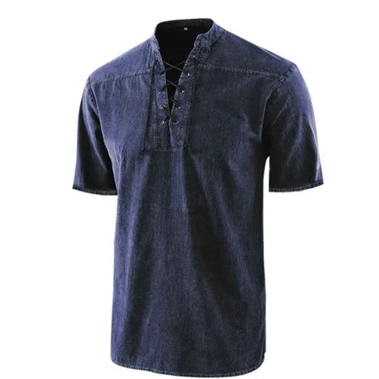 Men's retro short-sleeve shirt with tie collar lace-up detail in solid colour, loose fit, available in multiple colours and sizes.