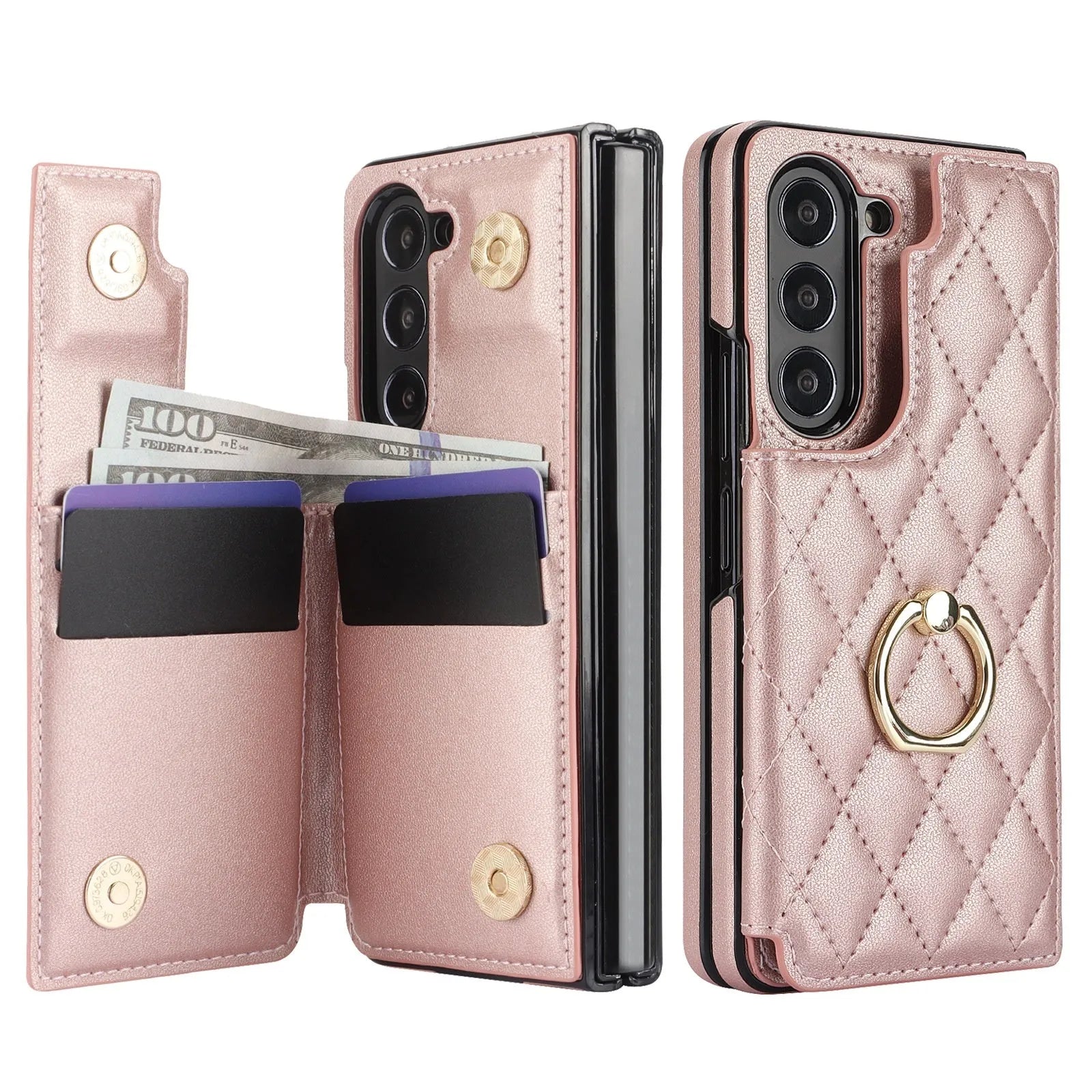 Samsung ZFold ring double buckle PU case black back cover with folding shell design