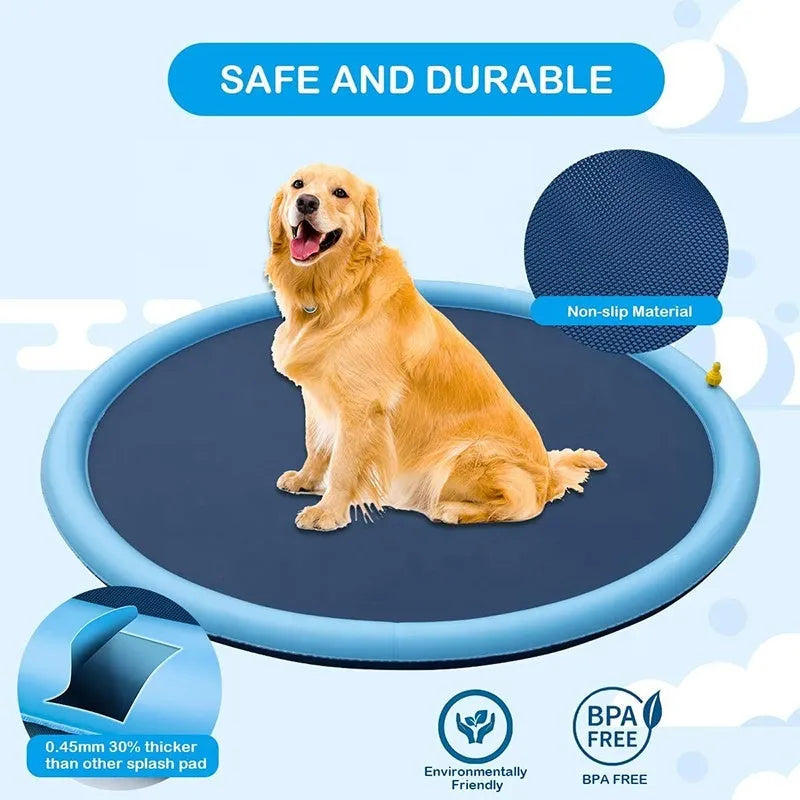 Large blue and green dog splash pad with sprinkler spray, showing anti-slip texture, placed on grass.