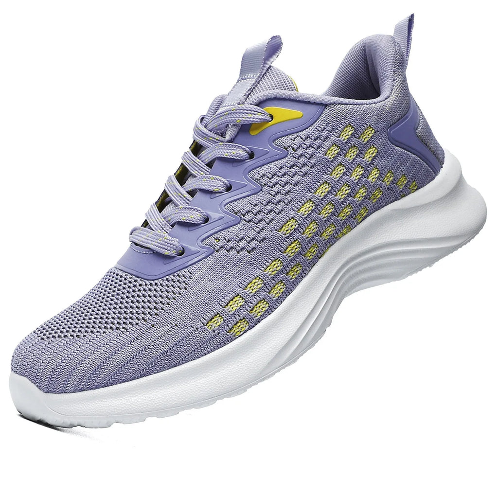 Women's lavender purple Flyknit running shoes with mesh fabric and striped pattern
