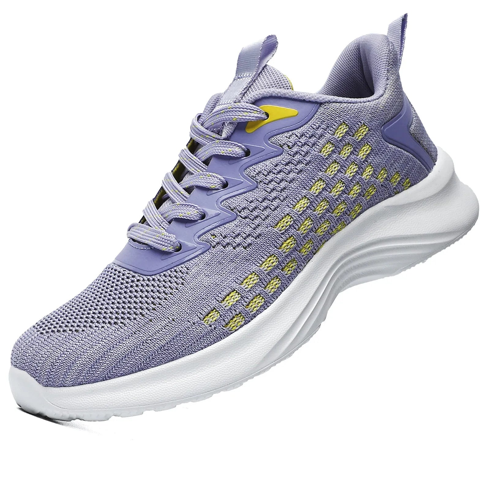 Women's lavender purple Flyknit running shoes with mesh fabric and striped pattern