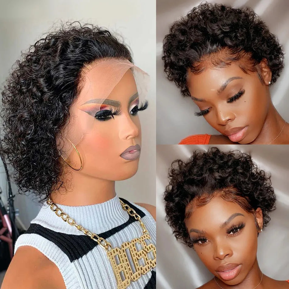Human hair lace pixie wig cover in colour 13x1 black for daily wear