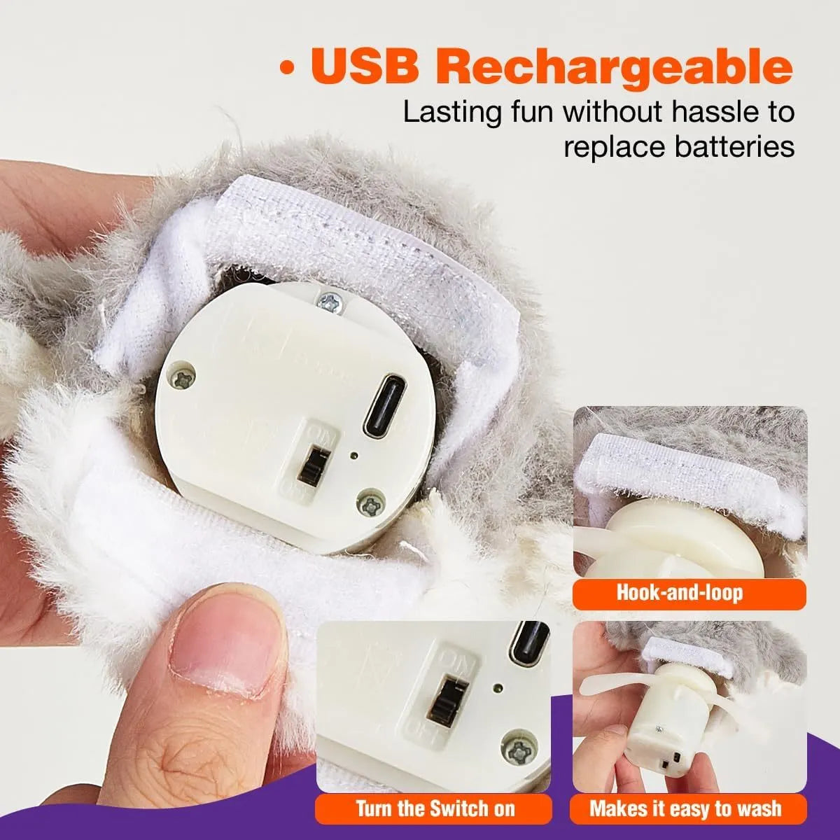 Grey plush owl automatic cat toy with beating wings on flat surface with USB charging cable