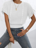 Women's loose fit knitted pullover with ruffled short sleeves and twisted string texture