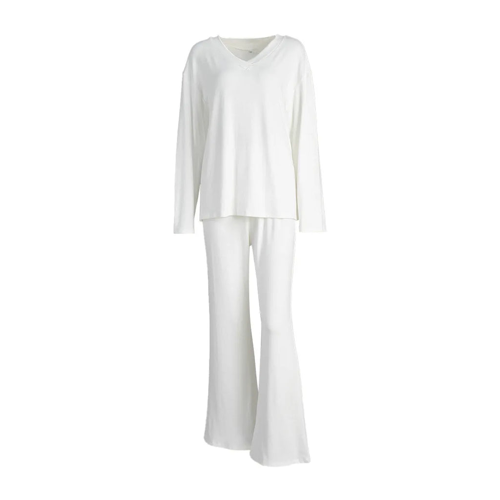 Long sleeve pajama set for women in viscose blend, white colour, top and pants on display