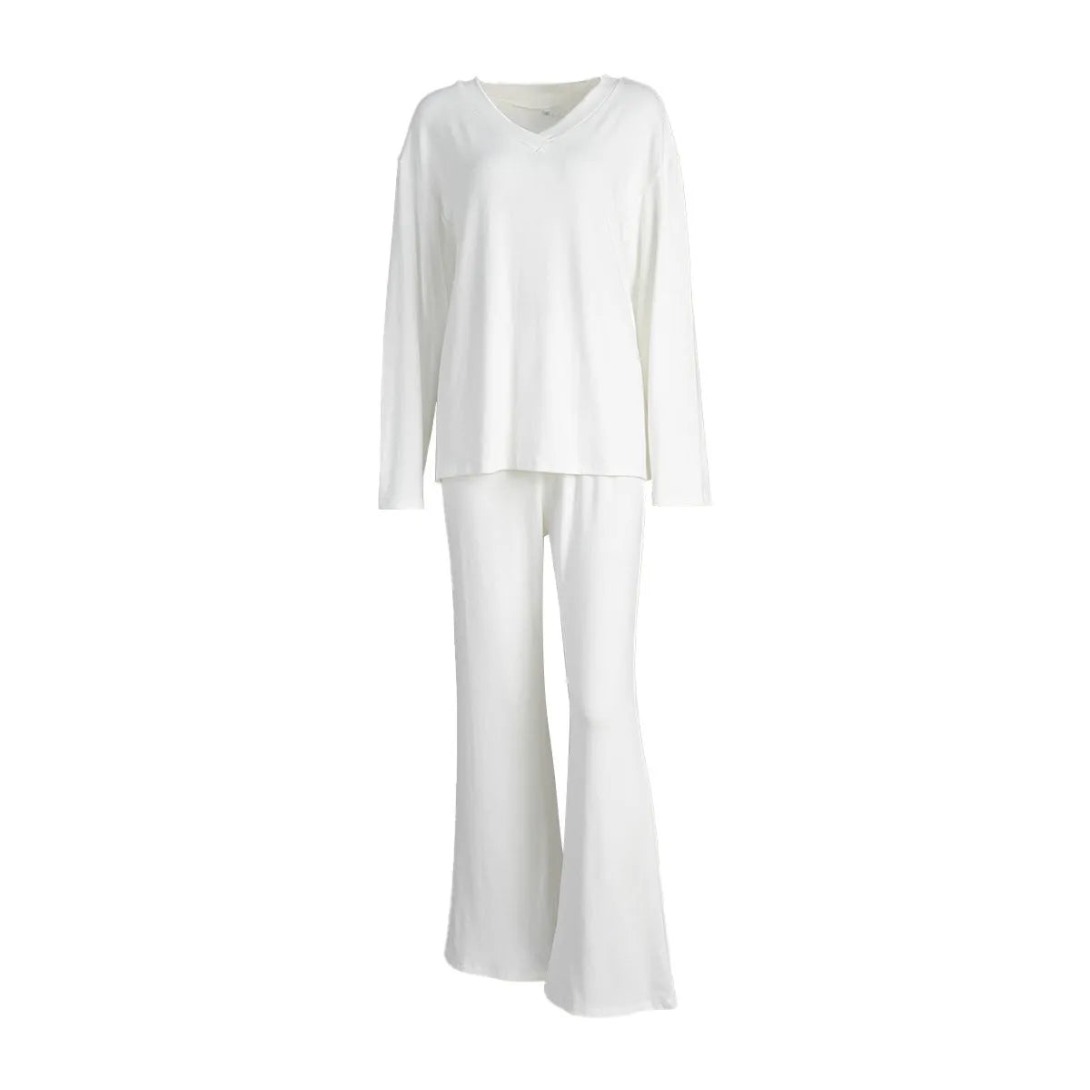 Long sleeve pajama set for women in viscose blend, white colour, top and pants on display