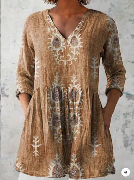 Women's printed wave pattern loose dress with 3/4 sleeves and wide waist design in various colour options