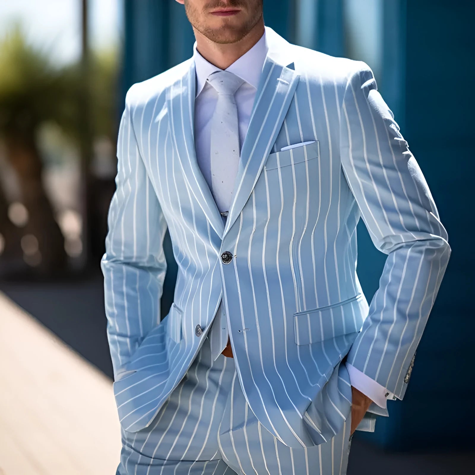 Men's blue solid colour British style double button suit jacket for spring, showing bag cover seam pockets.