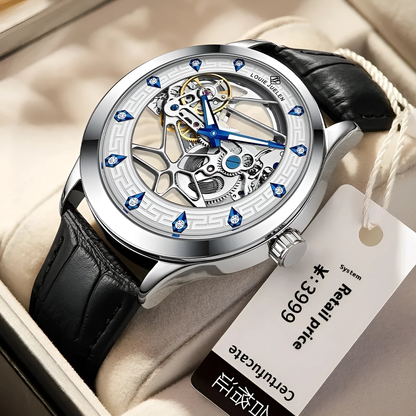 Men's silver case mechanical watch with black leather strap and luminous hands
