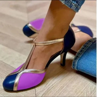 Women's round toe high heel shoes with button fastening in light blue pink, blue rose red, and wine red black colour options.