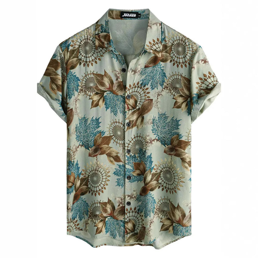 Man wearing a short sleeve Hawaiian print shirt with a floral lapel, made from elastic polyester fabric.