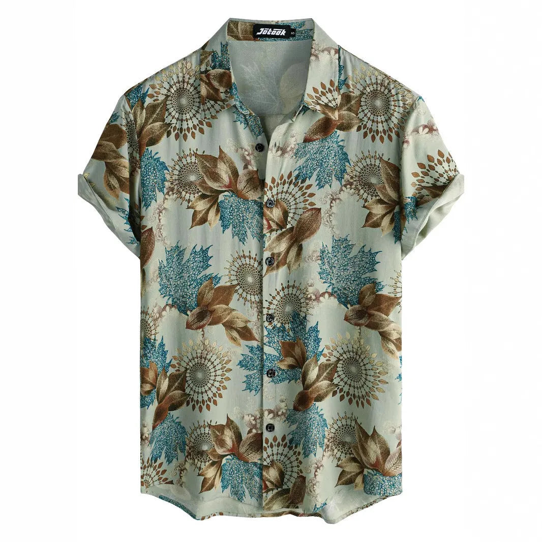 Man wearing a short sleeve Hawaiian print shirt with a floral lapel, made from elastic polyester fabric.