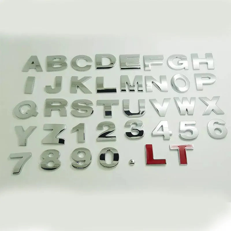 Zinc alloy 3D car bumper stickers showing individual metal letters approximately 2.5cm tall in black and silver finishes