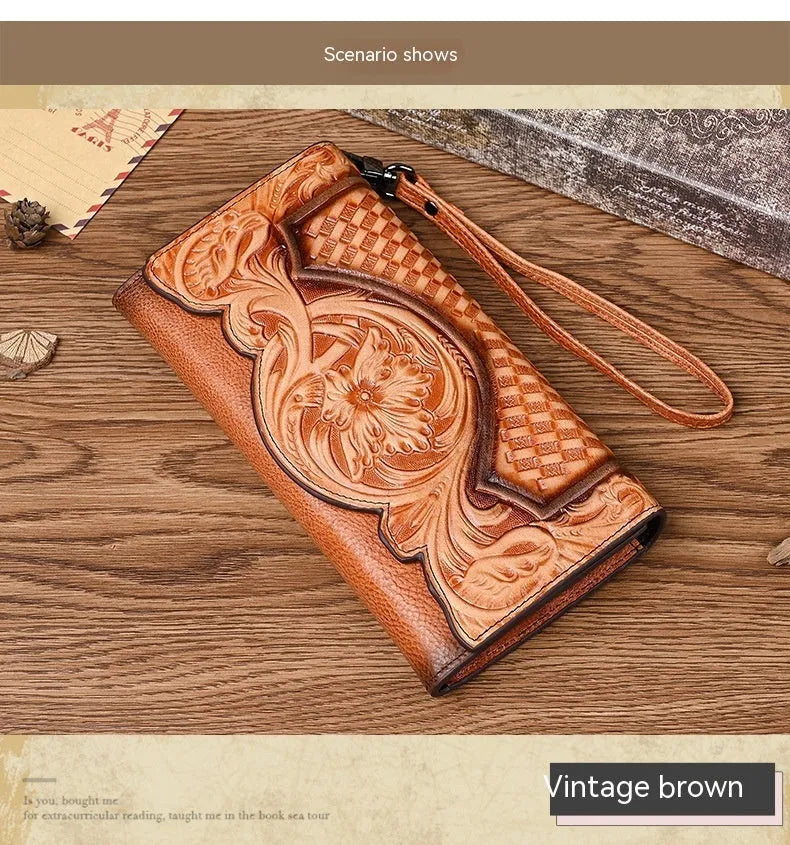 Women's brown tri-fold cowhide wallet with embossed floral pattern, shown open and closed.
