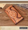 Women's brown tri-fold cowhide wallet with embossed floral pattern, shown open and closed.