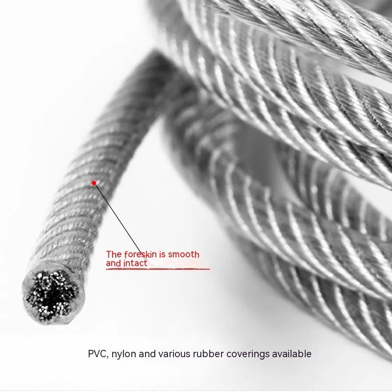 Close-up of a coiled 304 stainless steel multi-strand security cable on a grey background.