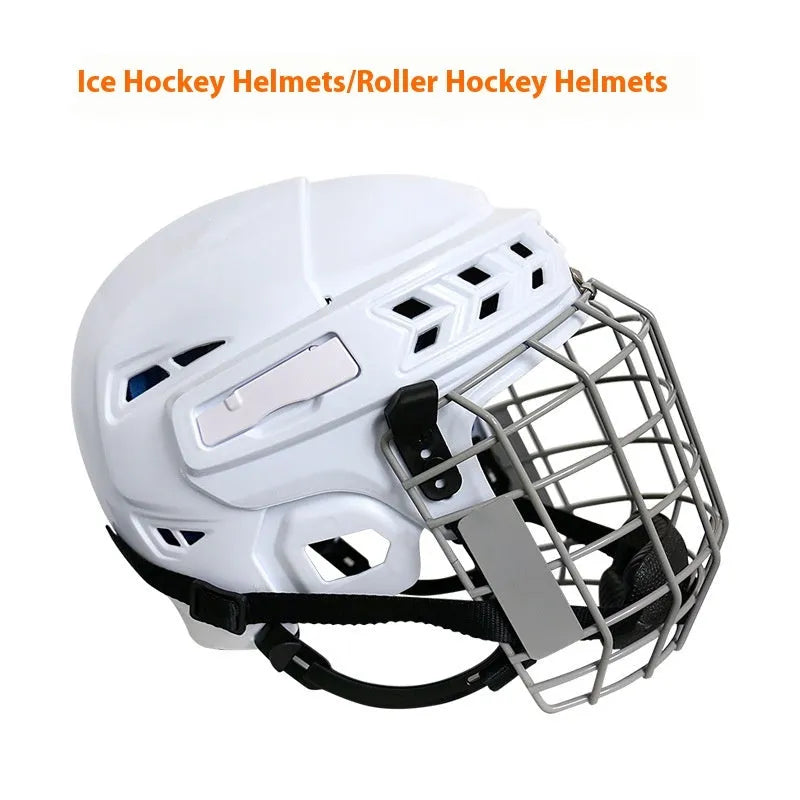 Ice hockey helmet with carbon steel face mask on a white background, showing sizes S, M, L, XL.