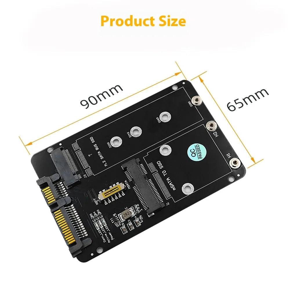 Two-in-one solid state hard-disk cartridge adapter card with mSATA and NGFF M.2 slots and LED indicator on 65x90mm PCB