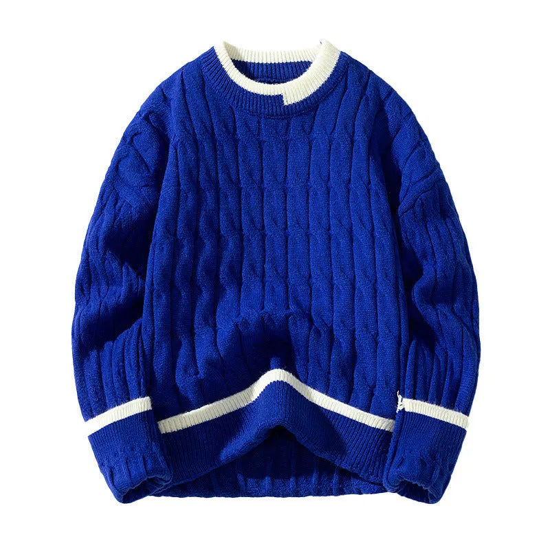 Men's loose grey and blue modal acrylic sports pullover sweater on a hanger.