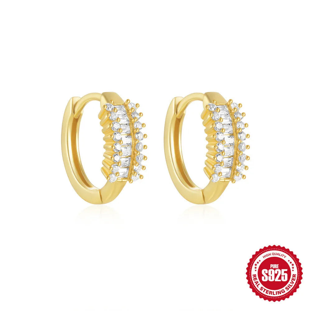 Sterling silver geometric stud earrings with diamond detailing in gold or silver finish