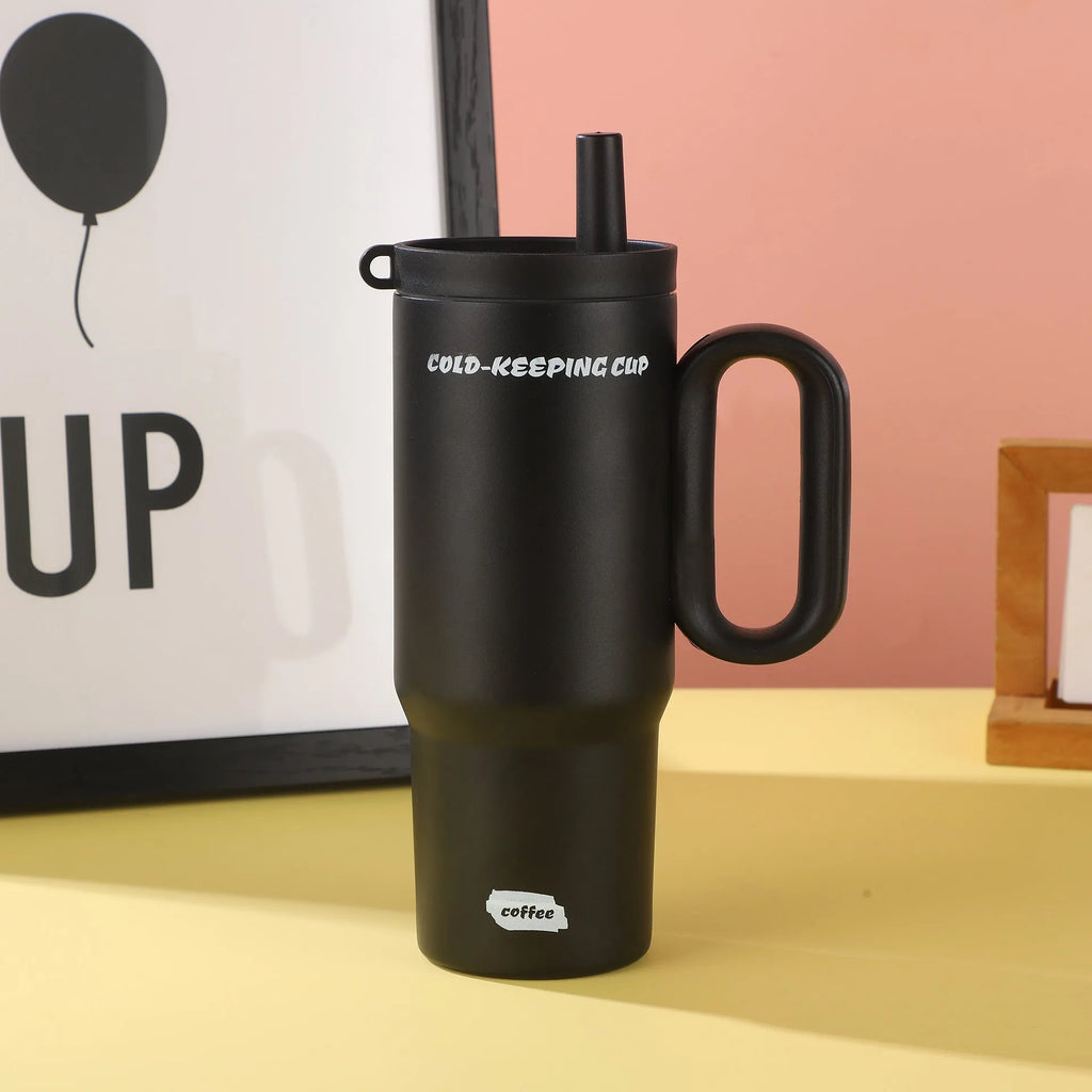 Large insulated straw drinking cup with a carrying handle in various colours.