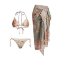 Women's creamy-white floral bikini set with matching skirt for beach and swimming
