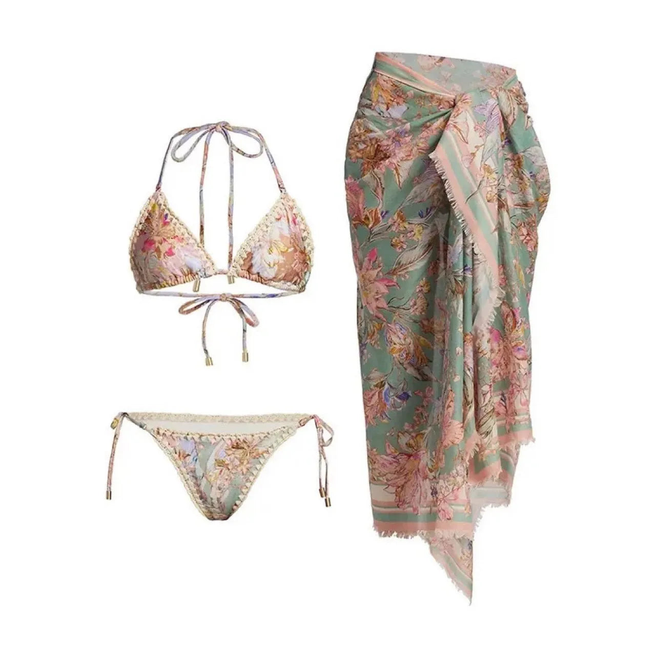 Women's creamy-white floral bikini set with matching skirt for beach and swimming