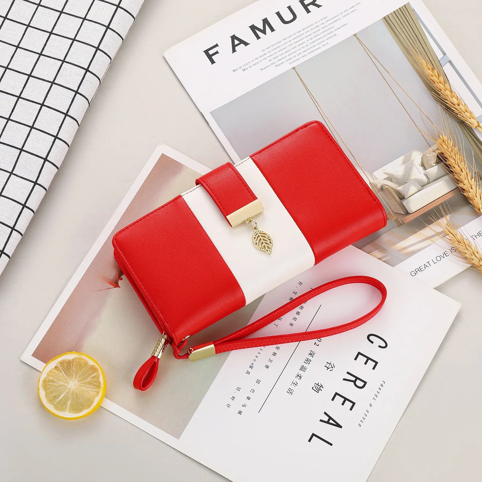 Anti-theft clutch handbag with lock closure in PU leather showing interior organisation and colour options