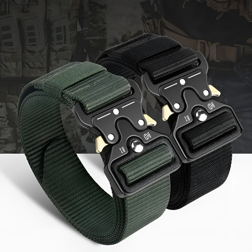 Men's black canvas tactical belt with a silver alloy release buckle, laid flat to show its 120cm length.