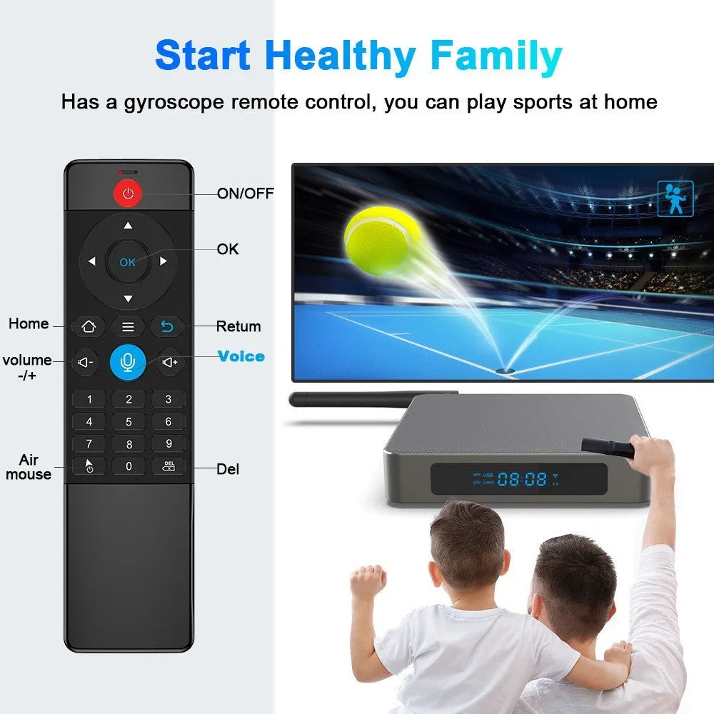Android TV box with 8K output, Bluetooth, and multiple storage options